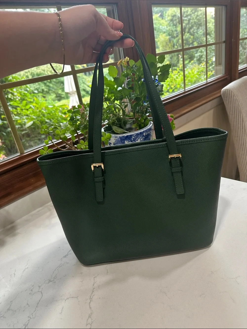 Michael Kors medium hunter green leather shoulder tote bag
